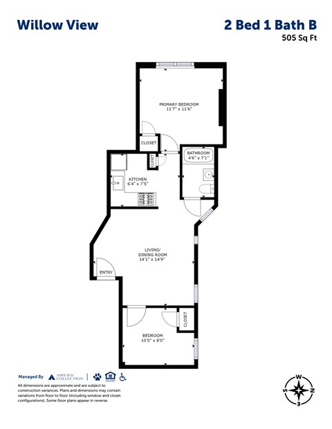 Floor plan for 2 beds, 1 bath, 505 sqft